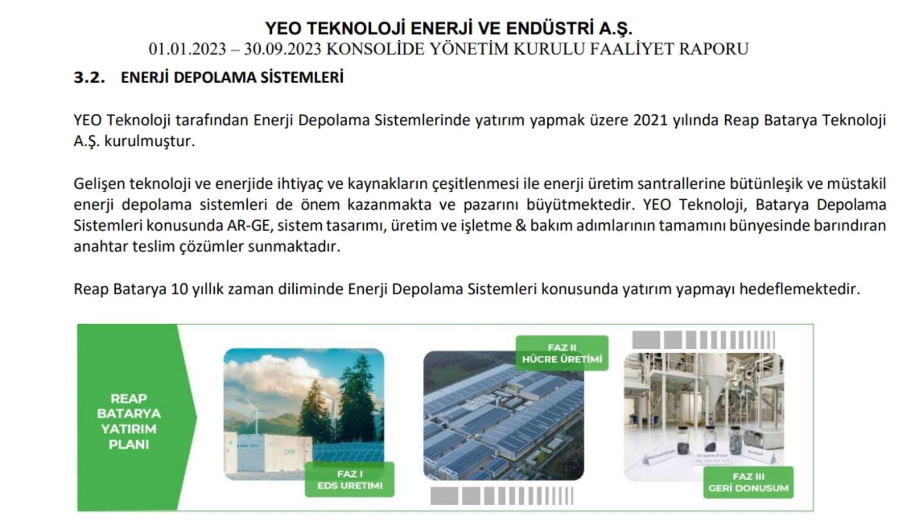 Yeo Teknoloji Enerji Depolama Faaliyetlerini Açkıladı
